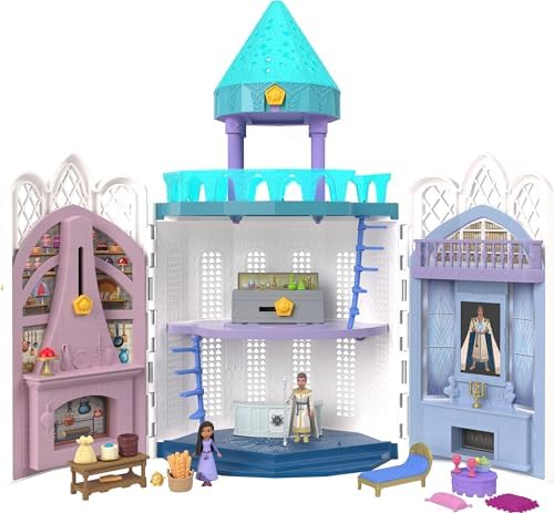 Mattel Disney Wish Toys, Rosas Castle Dollhouse Playset with 2 Posable Mini Dolls, Star Figure, 20 Accessories, Light-Up Projection Dome & More Mattel