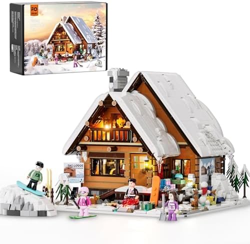 FUNWHOLE Christmas Ski-Cabin Lighting Building-Bricks-Set - Retro Christmas Winter Snow House Collection LED Light Building Construction Holiday Model Set 2187 Pcs for Adults and Teen FUNWHOLE