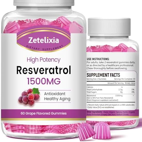 Sugar Free Resveratrol Gummies - High Purity Resveratrol Supplement for Antioxidant, Healthy Aging, Skin, Brain, Organic - 60 Gummies Zetelixia