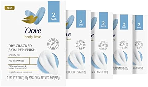 Dove Body Love Beauty Bar Soap Dry-Cracked Skin Replenish 10 Count Hypoallergenic Beauty Bar 24 Hour Nourishment & Instant Dryness Relief Pro Ceramides 7.5 oz Dove