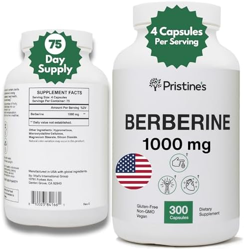 PRISTINE'S Berberine Supplement Capsules - 1000 MG 75 Day Supply - Heart, & Immunity Health Support Antioxidant - Digestive Tract & Healthy Gut Flora Support Pristine'S