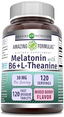 Amazing Formulas Melatonin with Vitamin B6 + L-Theanine Supplement | 30 Mg Per Serving | Mixed Berry Flavor | 120 Tablets | Non-GMO | Gluten Free | Made in USA Amazing Nutrition