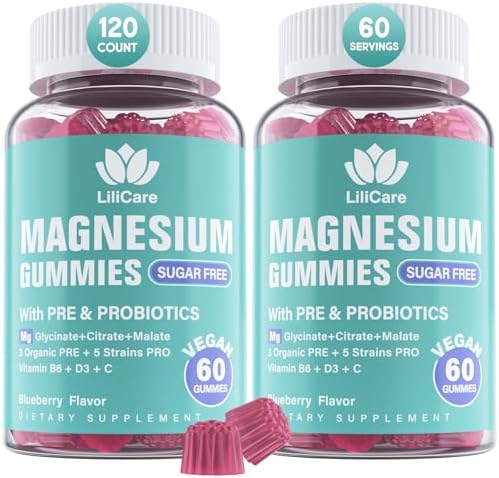 Triple Magnesium Complex Gummies 400mg with Prebiotics & Probiotics 5 Billion CFUs, Sugar Free Magnesium Glycinate, Malate, Citrate Supplement Gummies with Vitamin B6, D3 & C for Muscles & Mood, 60Cts Lilicare