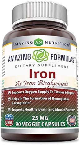 Amazing Formulas Iron as Iron Bisglycinate 25 Mg Veggie Capsules (Non-GMO,Gluten Free) - Supports Oxygen Supply to Tissues & Organs-Helps in The Formation of Hemoglobin&Myoglobin.(90 Veggie Capsules) Amazing Nutrition