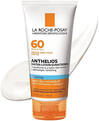 La Roche-Posay Anthelios Cooling Water Sunscreen Lotion, Water Based Sunscreen for Face & Body, Broad Spectrum SPF + Antioxidants, Fast Absorbing Water-Like Texture, Oil Free Sunscreen SPF 60 La Roche-Posay