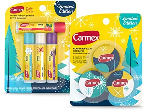 Carmex Lip Balm Limited Edition Holiday Packs: Carmex Daily Care Sticks, 4 count (1 pack), Carmex Medicated Jars, 3 Count (1 pack) Carmex