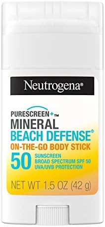 Neutrogena Purescreen+ Mineral Beach Defense On-The-Go Body Sunscreen Stick with Broad Spectrum SPF 50, Water Resistant UVA/UVB Protection, Absorbs Quickly & Dries Clear, 1.5 oz Neutrogena