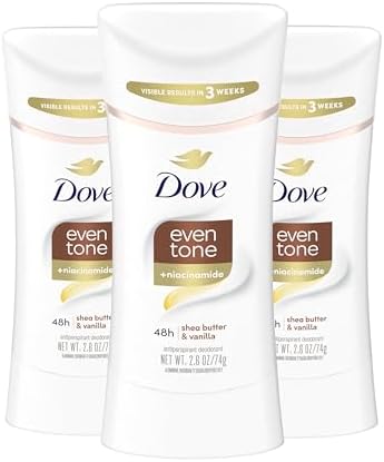 Dove Antiperspirant Deodorant Stick Even Tone Shea Butter & Vanilla Pack of 3 for 48h Odor and Sweat Protection & Skin Restoration, with Niacinamide & Visible Results in 3 Weeks, 2.6 oz Dove