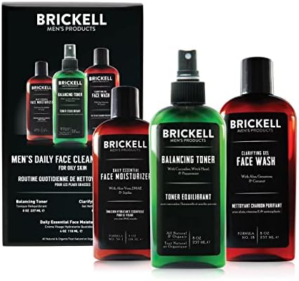 Brickell Men's Daily Face Cleanse Routine for Oily Skin, Alcohol Free Toner, Gel Facial Wash and Moisturizer, Natural and Organic, Scented Brickell Men's Products