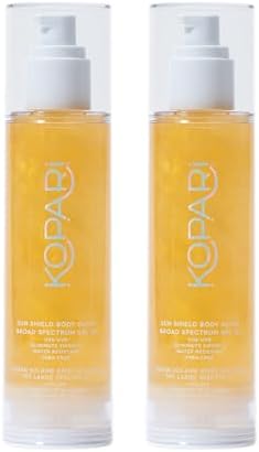 Kopari Sun Shield Body Glow, Broad Spectrum SPF 50, Lightweight Shimmering Gel Texture Absorbs Quickly, Non Sticky, Glowing Results, Gold 5 oz Kopari