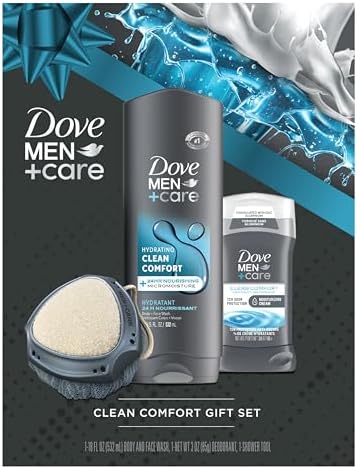 Dove Men+Care Gift Set – Clean Comfort Body + Face Wash, Clean Comfort Aluminum-Free Deodorant & Dual-Sided Shower Tool (3 Piece Set) Dove