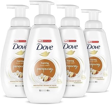 Dove Instant Foaming Body Wash Shea Butter with Warm Vanilla Pack of 4 with NutriumMoisture Technology Effectively Washes Away Bacteria While Nourishing Your Skin 13.5 oz Dove