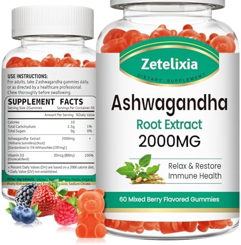 2 Pack Ashwagandha Gummies, Extra Strength Vitamin D3, Organic Ashwa Root Extract Supplement for Calm Mood Relaxation and Immune Support, Mixed Berry Vegan Chews 120 Count Zetelixia