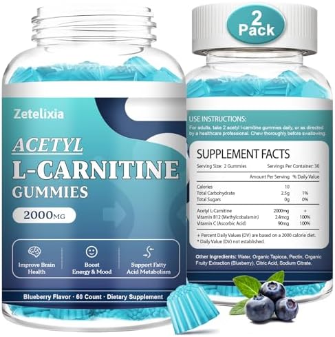 Acetyl L-Carnitine Gummies, L-Carnitine Supplement for Women & Men, with Vitamin C & B12, ALCAR for Energy, Brain & Heart Health Support, Vegan, Non-GMO, Sugar Free, 60 Count Zetelixia