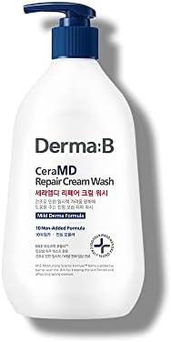 Derma B CeraMD Repair Cream Wash, Unscented Fragrance Free Creamy Face & Body Cleanser for Dry Sensitive Itchy Skin, Deep Moisture Paraben-Free Body Wash, Cream to Foam Cleanser, 13.5 Fl. Oz., 400ml Derma B