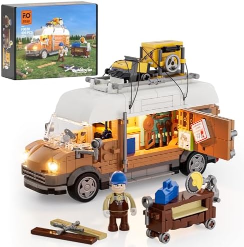 FUNWHOLE Carpentry Van Lighting Building-Bricks Set - Farm Woodworker Car Collectible Display Set 496 Pcs for Adults and Teen FUNWHOLE