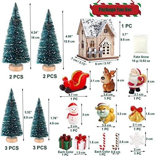 EMiEN 25PCS Christmas Miniature Ornament Kits for DIY Christmas Scene Fairy Garden Dollhouse Home Décor, Christmas Town Wooden Village House, Mini Christmas Trees EMiEN