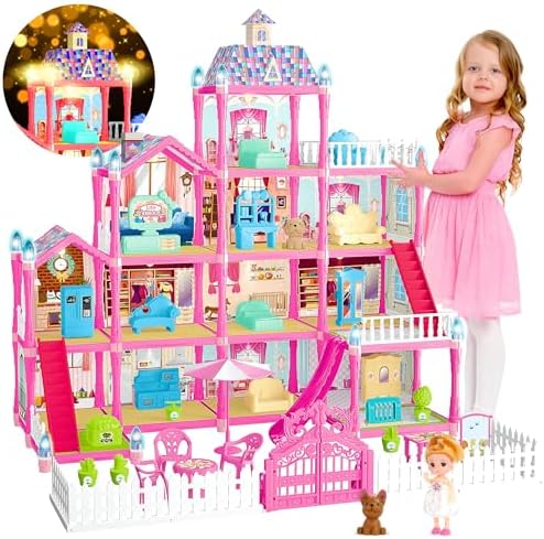 Doll House for Girls,13 Rooms Dollhouse with Dolls Figure, Puppies,Furnitures, Accessories, LED Light, Toddler Playhouse Gift for for 3 4 5 6 7 8 9 10 Year Old Girls Toys (Pink) OCTERIC