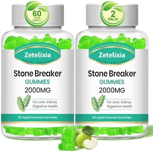 Chanca Piedra Stone Breaker Gummies, Organic Herbal Supplement for Kidney Cleanse & Gallbladder Health, Kidney Stones Dissolver, Sugar Free, Vegan, Non-GMO, Apple Flavor, 60 Count Zetelixia