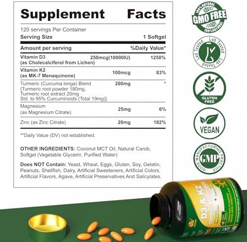 Liposomal Vitamin D3 10000 IU w/Vitamin K2 (MK-7), Turmeric, MCT Oil, Magnesium & Zinc for Max Calcium Absorption, D3 and K2 Supplements for Bone, Joint, Moo-d & Immune, Vegan, 120Cts Lilicare