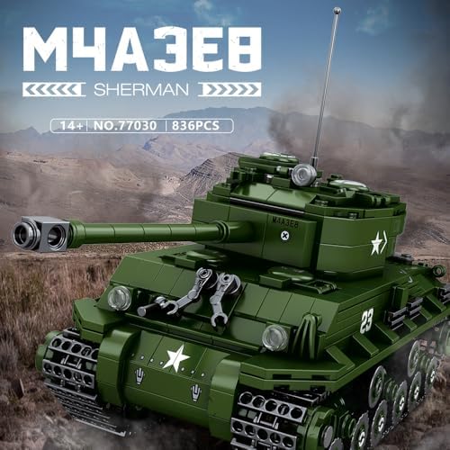 MISINI 77030 M4A3E8 Sherman Medium Tank Building Block Kit, World of Tanks Authorized Products, Comes with Tank World Game Item Exchange Card, 836 Pieces 1:30 Adult Building Block Tank Model Toy Misini