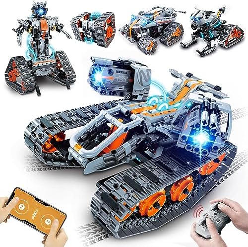 HOGOKIDS 5 in 1 STEM Building Set with LED Light - APP & Remote Controlled Cars Building Toys Kit, RC Robot Tank Sleigh Tracked Racer 604 PCS, Toy Gifts for Kids Boys Girls Ages 6 7 8 9 10 11 12+ Year HogoKids