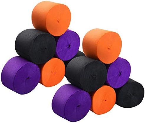 Yomiie 12 Rolls Crepe Paper Streamers, 360 Feet Orange Black Purple Tassels Streamer Paper for Halloween Theme Party Supplies Room Wall Decor Crafts Backdrop Decorations Yomiie