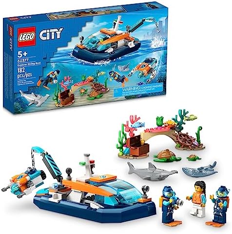 LEGO City Explorer Diving Boat 60377 Ocean Building Toy, Includes a Coral Reef Setting, Mini-Submarine, 3 Minifigures and Manta Ray, Shark, Crab, 2 Fish and 2 Turtle Figures Lego