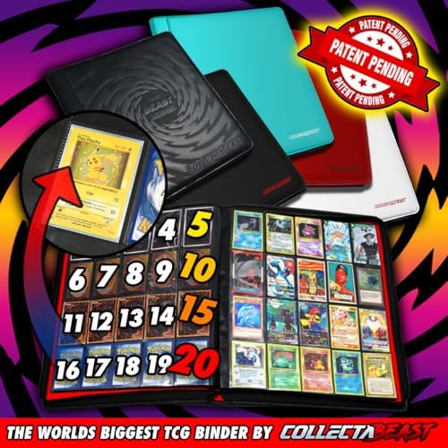 1280+ Cards 20 Pocket Card Binder Collector Card Album - Pages Compatible with Pokemon Cards, Sports Cards, Yugioh, MTG and Other TCG - Trading Card Sleeve with Side Loading Pockets (Black/Black) CollectaBeast