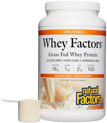 Whey Factors by Natural Factors, Grass Fed Whey Protein Concentrate, Aids Muscle Development and Immune Health, Unflavored, 2 lb Natural Factors