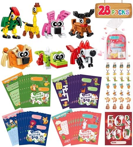 Valentines Day Gifts for Kids Classroom-28 Packs Animal Building Blocks with Kids Valentines Day Cards for School & Stickers, Class Valentines Gifts Boxes for Kids Boys Girls Party Favors Exchange Colplay