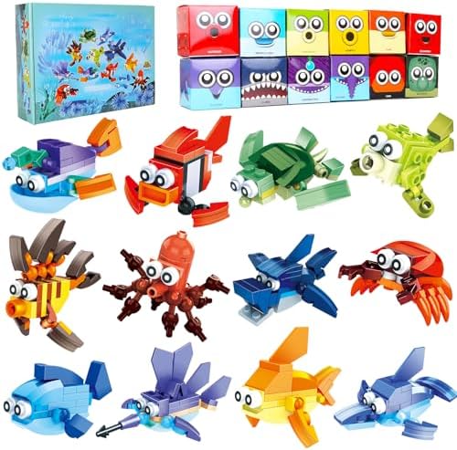 Party Favors for Kids Goodie Bags,12PCS Mini Building Blocks Ocean Animals, Building Sets Stem Toys, Assorted Building Blocks Sets for Birthday Party Gift,Goodie Bags, Prize,Cake Topper Jellydog Toy