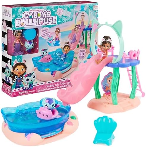 Gabby’s Dollhouse, Purr-ific Pool Playset with Gabby and MerCat Figures, Colour-Changing Mermaid Tails and Pool Accessories Kids’ Toys for Ages 3 and Up Gabby's Dollhouse