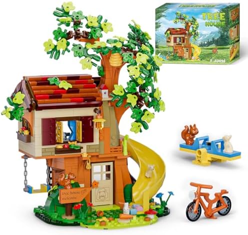 Treehouse Building Blocks Set, Natural Eco Cozy Cottage Educational Toy, Tree House Architecture Sets with Animals, Slide, Swing, Seesaw, Bicycle, Gifts for Kids, Girls and Boys Ages 8 Plus Sinuraii