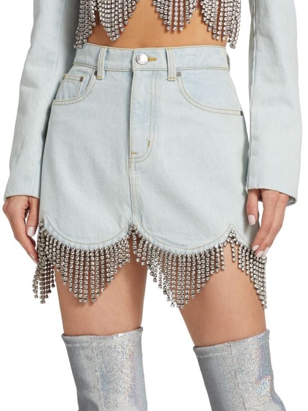 Scalloped Crystal Fringe Denim Skirt Area