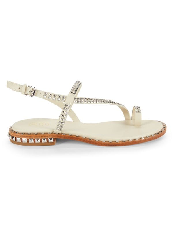 Embellished Leather Flat Sandals Ash