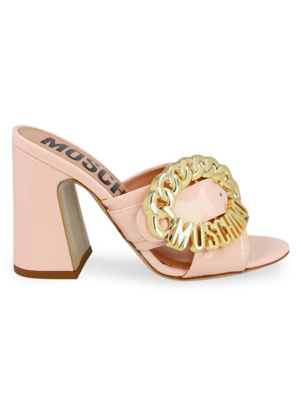 Logo Patent Leather Flare Heel Sandals Moschino