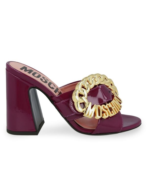 Logo Patent Leather Flare Heel Sandals Moschino