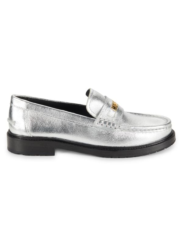 Logo Metallic Leather Loafers Moschino