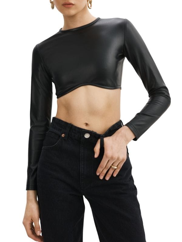 Hasna Long Sleeve Faux Leather Crop Top Lamarque