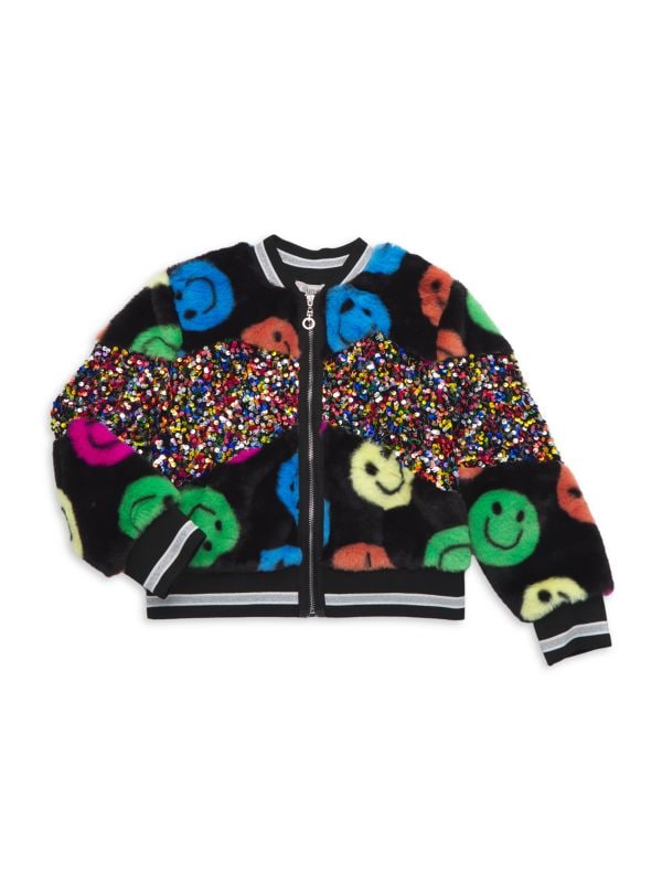 Little Girl's Graphic & Sequin Trim Faux Fur Bomber Jacket Baby Sara