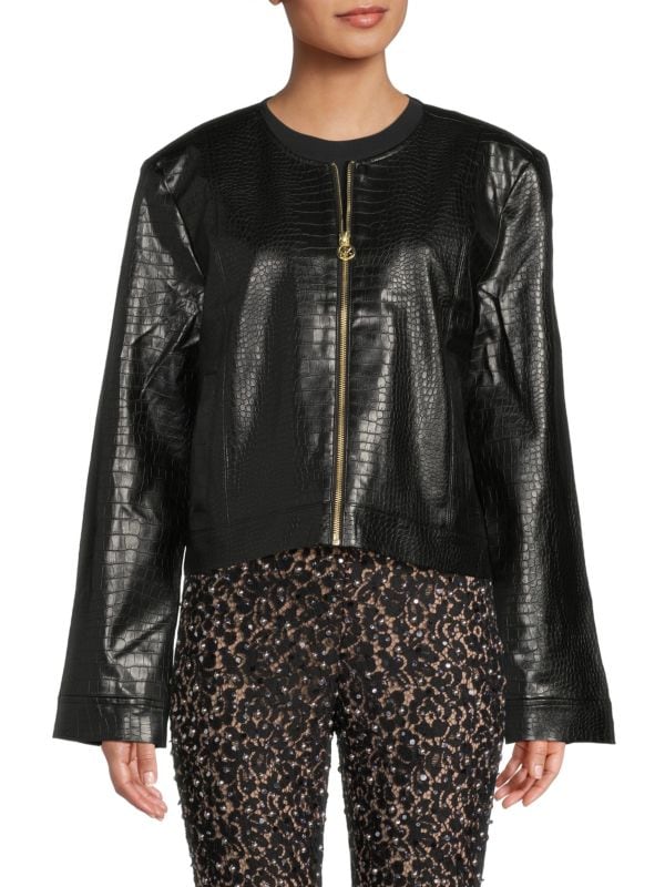 Croc Embossed Faux Leather Jacket Michael Kors