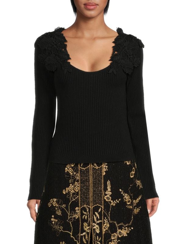 Floral Embroidery Ribbed Virgin Wool Blend Top Giambattista Valli