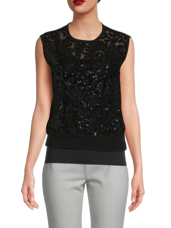 Lace & Sequin Virgin Wool Blend Sweater Top Giambattista Valli