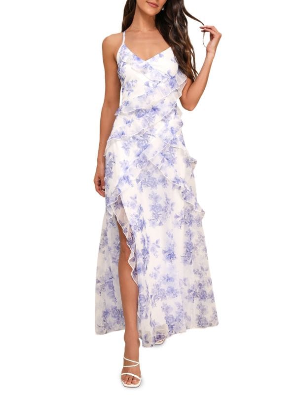 Floral Ruffle Slit Maxi Dress Lulus