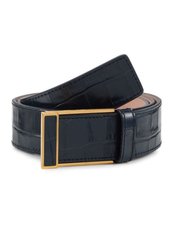 Square Frame Buckle Croc Embossed Leather Belt Bally