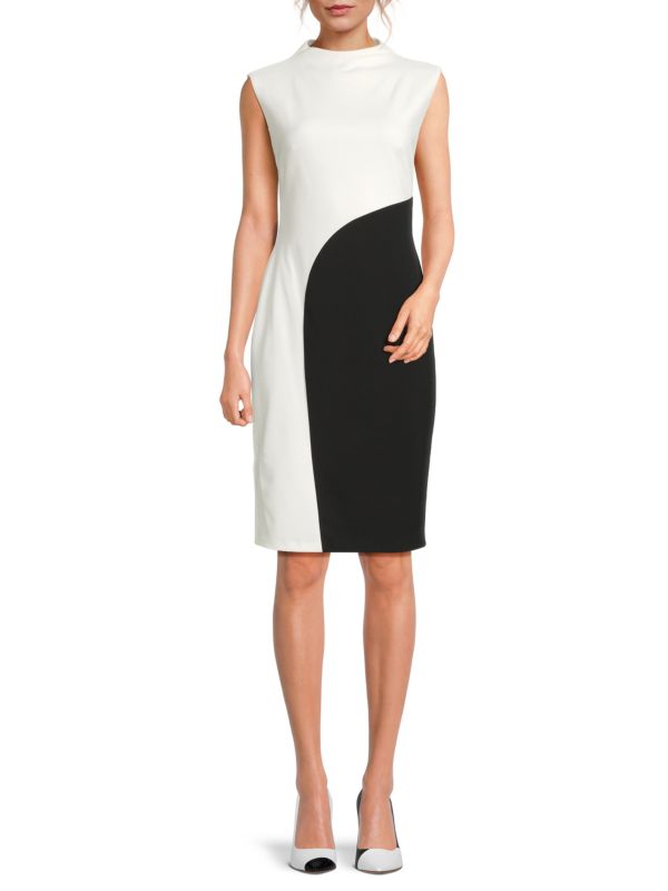 Colorblock Mockneck Sheath Dress Halston