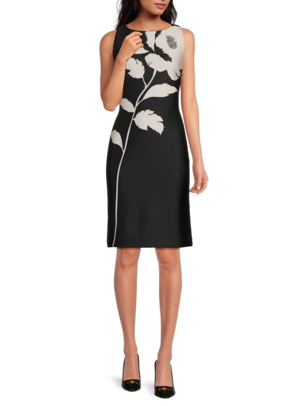 Floral Print Sheath Knee Length Dress Halston