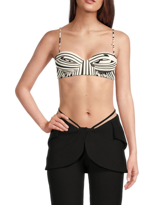 Geometric Print Leather Bra LaQuan Smith