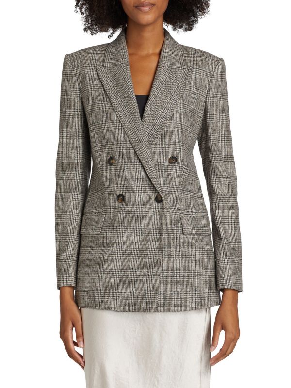 Plaid Wool-Blend Double-Breasted Blazer Vince